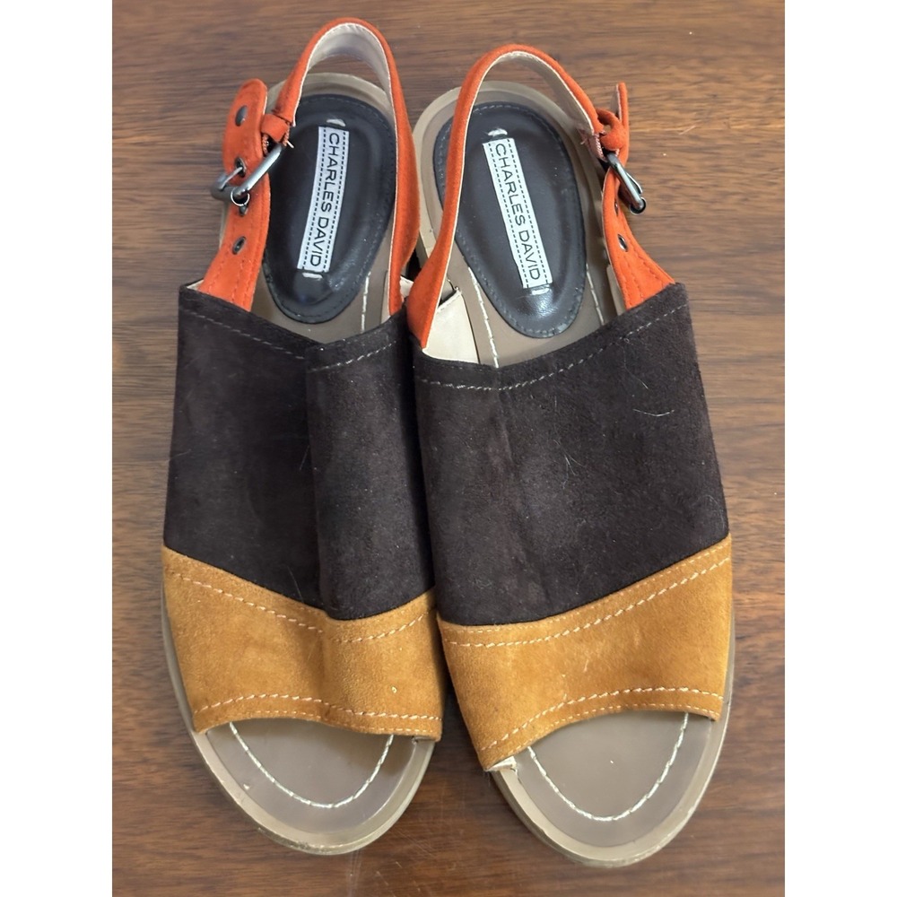 Charles David Women's Brown Orange Suede Leather Colorblock Sandals Size 8.5M - Picture 5 of 5